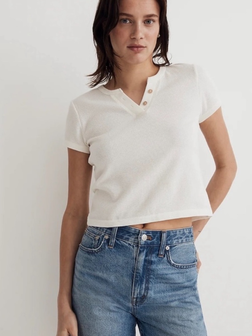 Women’s Short Sleeve Henley Waffle Knit Top - Off White